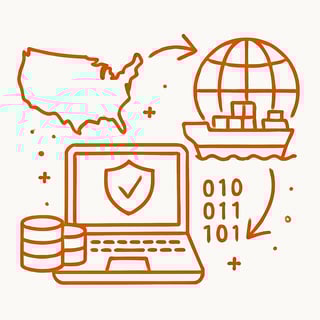 can you create a orange line art image with a white background and no words showing date being moved offshore out the of US