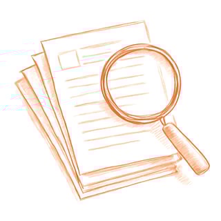 create a line art image in a pencil style in orange of a stack of documents with a magnifying glass on top and a white background-1