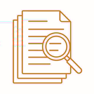 create a line art image in orange of a stack of documents with a magnifying glass on top and a white background-1