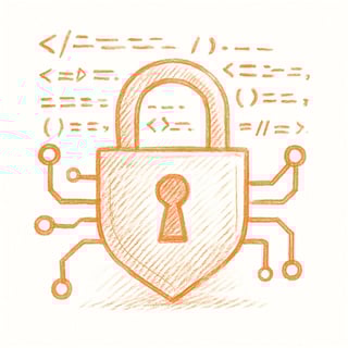 create a line art image with a pencil style in orange of a cybersecurity lock image with some coding in the back and a white background-1
