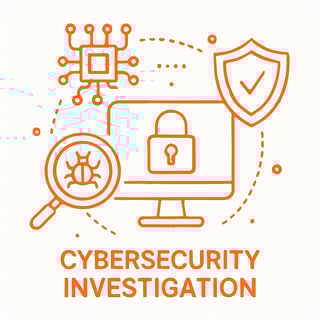 create an orange line art image representing a cybersecurity investigation with a white background
