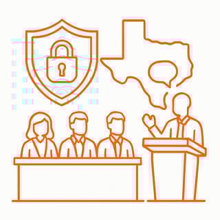 please create an orange line art image presenting a privacy law committee in texas with no words and a white background
