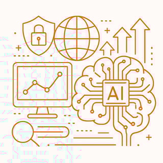 please create an orange line art image representing Analysis of New Cyber Threats Artificial Intelligence AIDriven Risks Accelerating in 2026 with a w-3