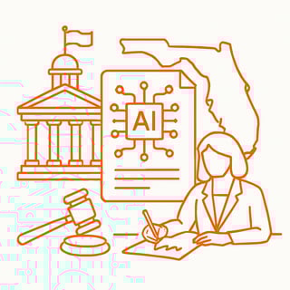 please create an orange line art image showing FL implementing AI legislation with no words and a white background