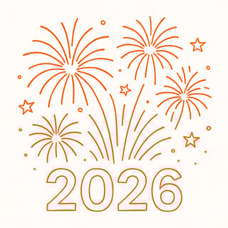 please create an orange line art image with a white background of fireworks representing the 2026 new year-1