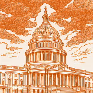 please generate a line art image of the us capital building with a storm brewing in the sky in orange and a white background to signify the government shutdown-1