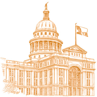 please generate an orange line art image in pencil style of the texas capital building with the state flag flying with a white background-1